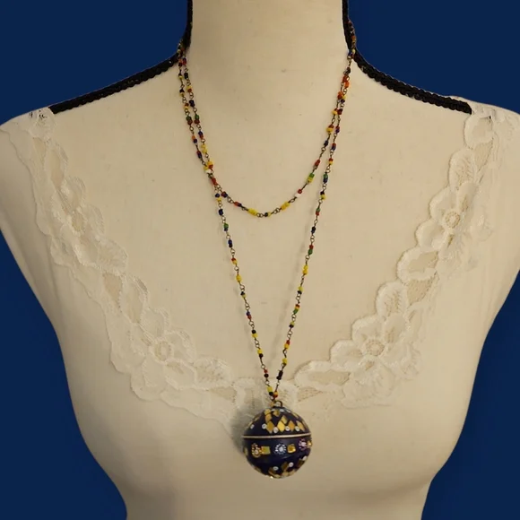 Vintage Indian Micro Mosaic Ball Pendant Multicolor Beaded Festival Necklace - Picture 1 of 11
